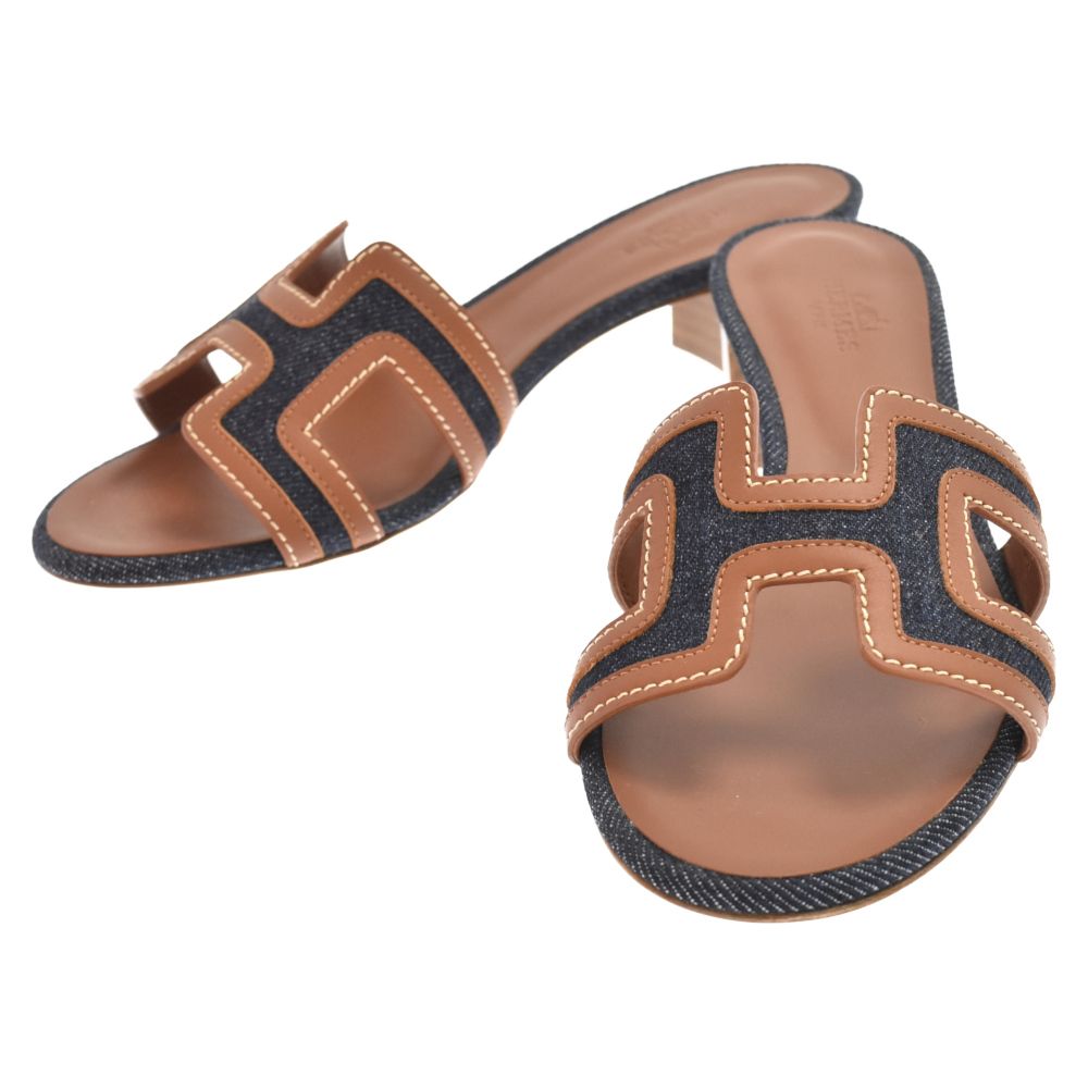 HERMES オラン デニム レザー サンダル インディゴ レディース HERMES (エルメス) オラン レザーデニム サンダル ブラウン