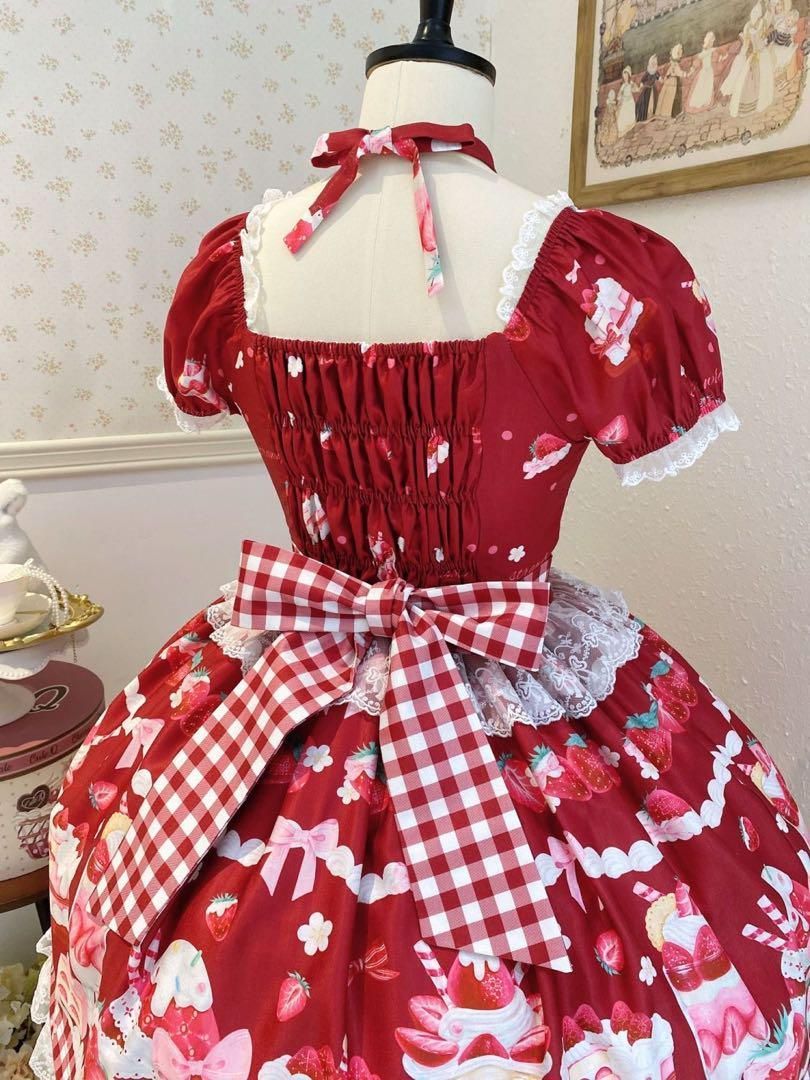 【苺パフェ】ロリータドレス リボン可愛いゴスロリ 森ガール 姫様 スイーツ柄 赤 苺パフェ】イチゴ ロリータドレス リボン 可愛い ゴスロリ 森