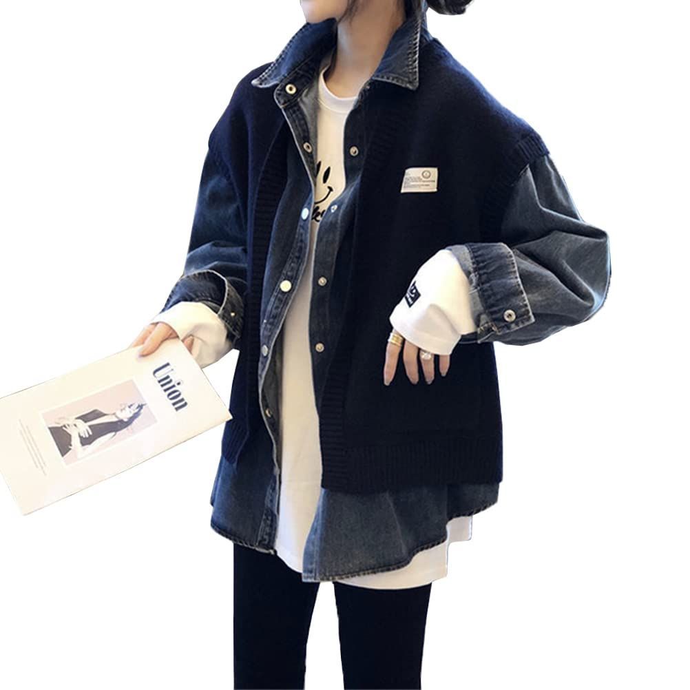 ネイビー_Free Size JINZUOMAレディース コート ジャケット デニムジャケット デニムコート カーディガン トップス アウター 春 秋 長袖 デニム カジュアル ファッション ゆったり 通勤 通学 日常服 ネイビー Free Size