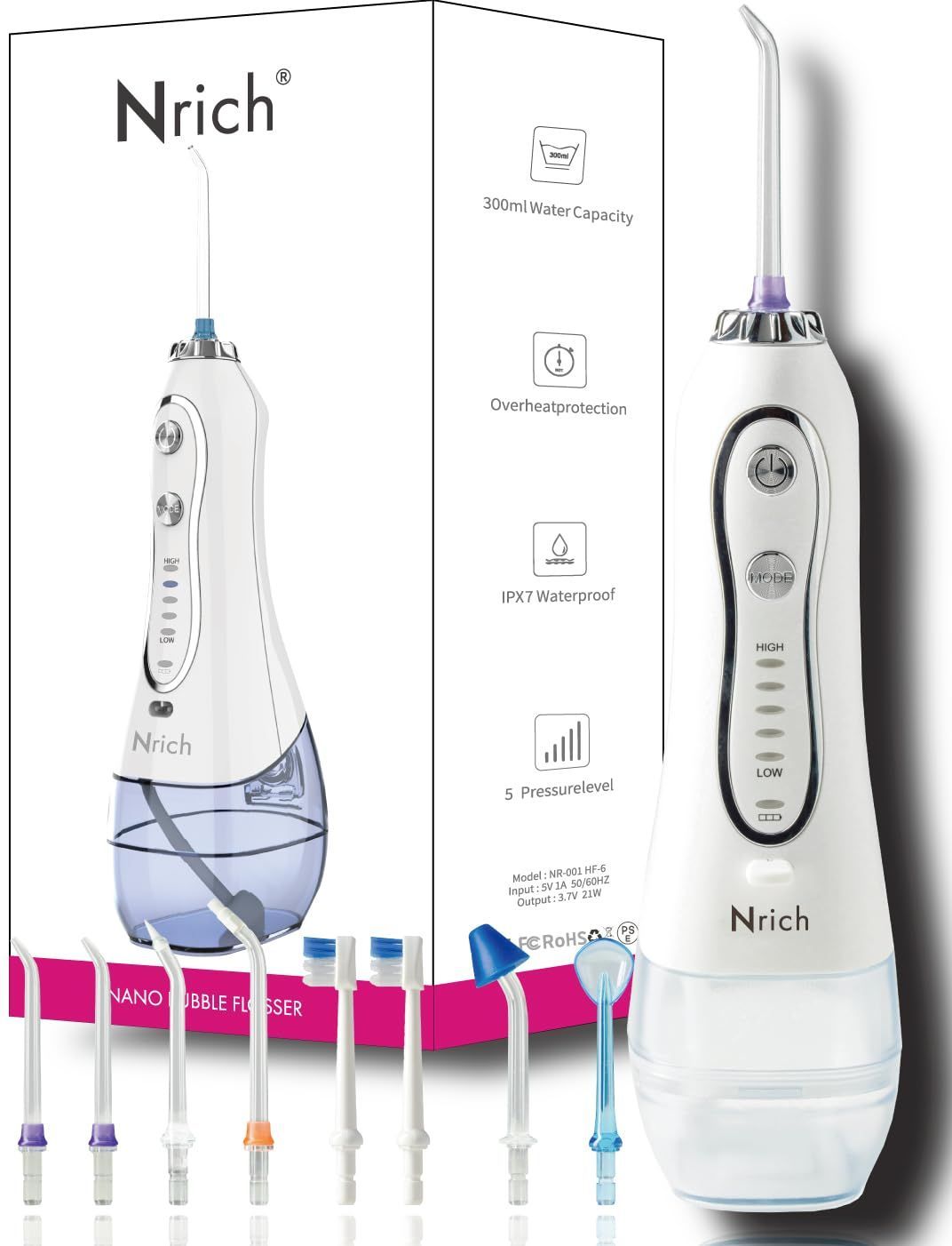 白 日本製ナノバブル コードレス IPX7 歯間ケア 防水 オーラルケア 300ml フロス Nrich フロッサー エンリッチ ナノバブル ナノバブル水流 ジェットウォッシャー 汚れ取れる 口腔洗浄器 歯