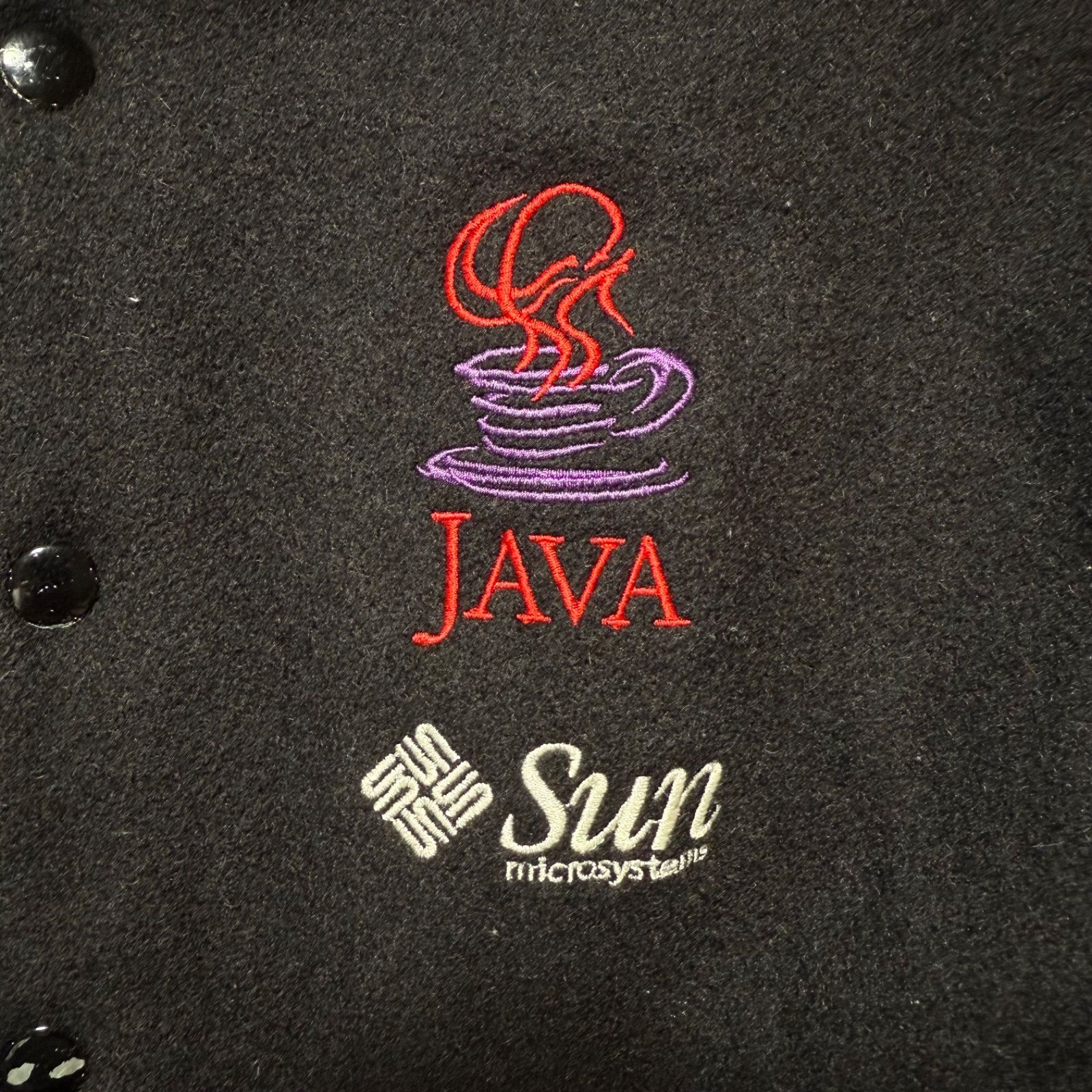 プログラミング言語 JAVA刺繍 ブラックウールレザースタジャン 【L