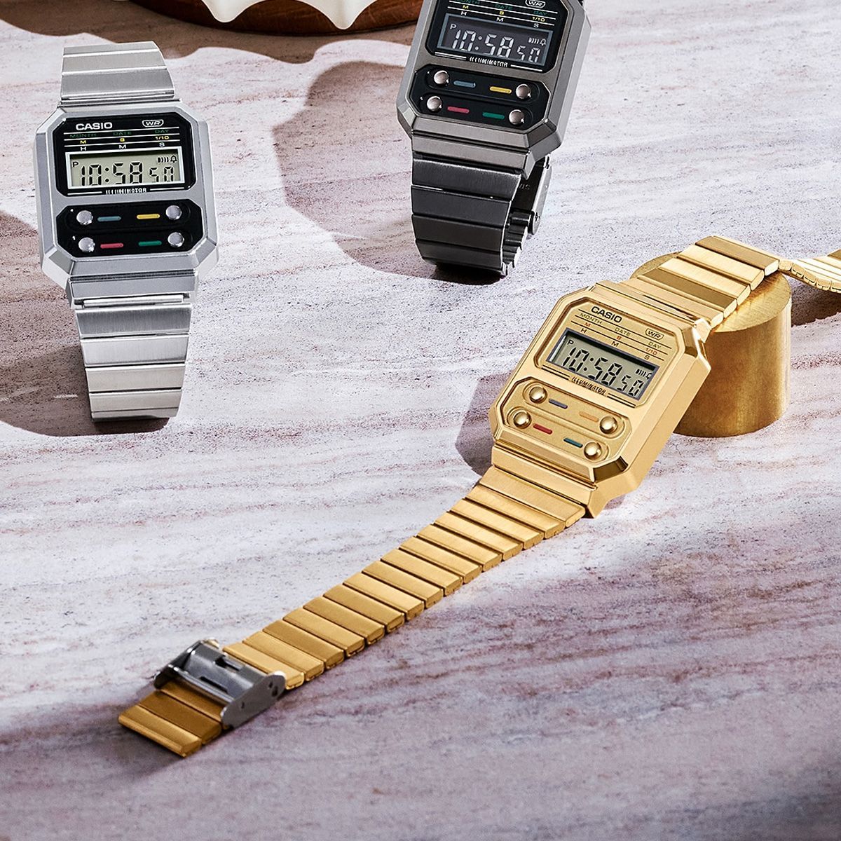 カシオ A100WEGG-1A2 復刻版 腕時計 ガンメタル ブラック ゴールド-4