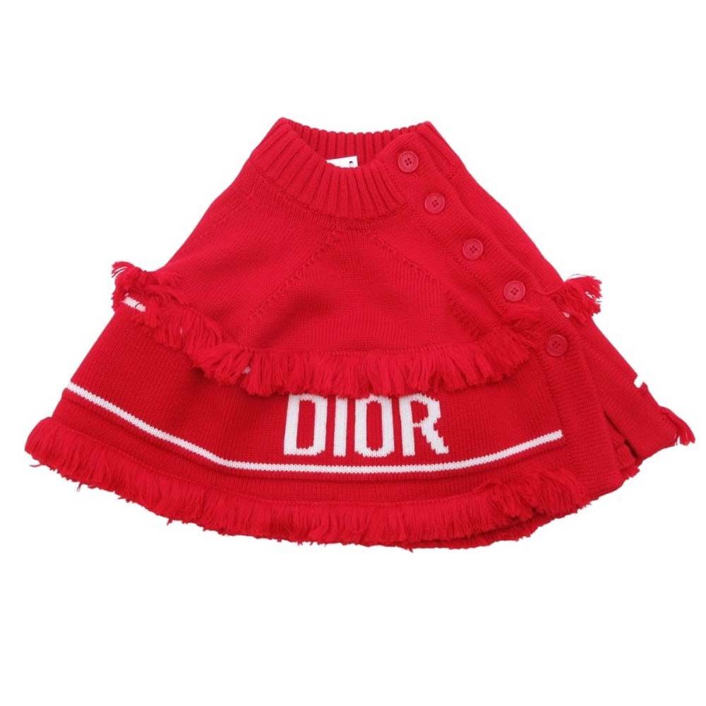 ♥ 21aw Christian Dior クリスチャンディオール ベビー ASTRA アストラ ロゴ フリンジ ニット ポンチョ ケープ T2 赤 キッズ 古着