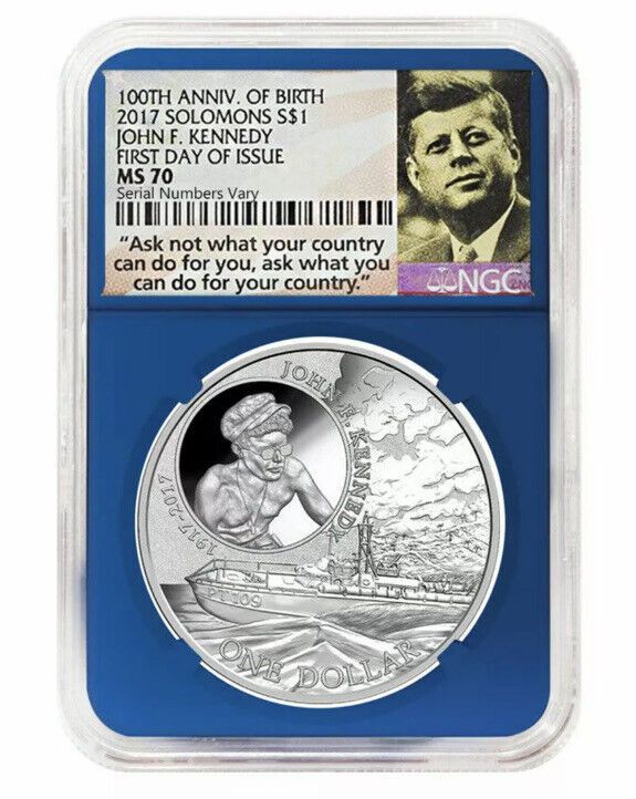 2017 1 oz Silver JFK Solomon Islands NGC MS 70 First Day of Issue-Blue Label