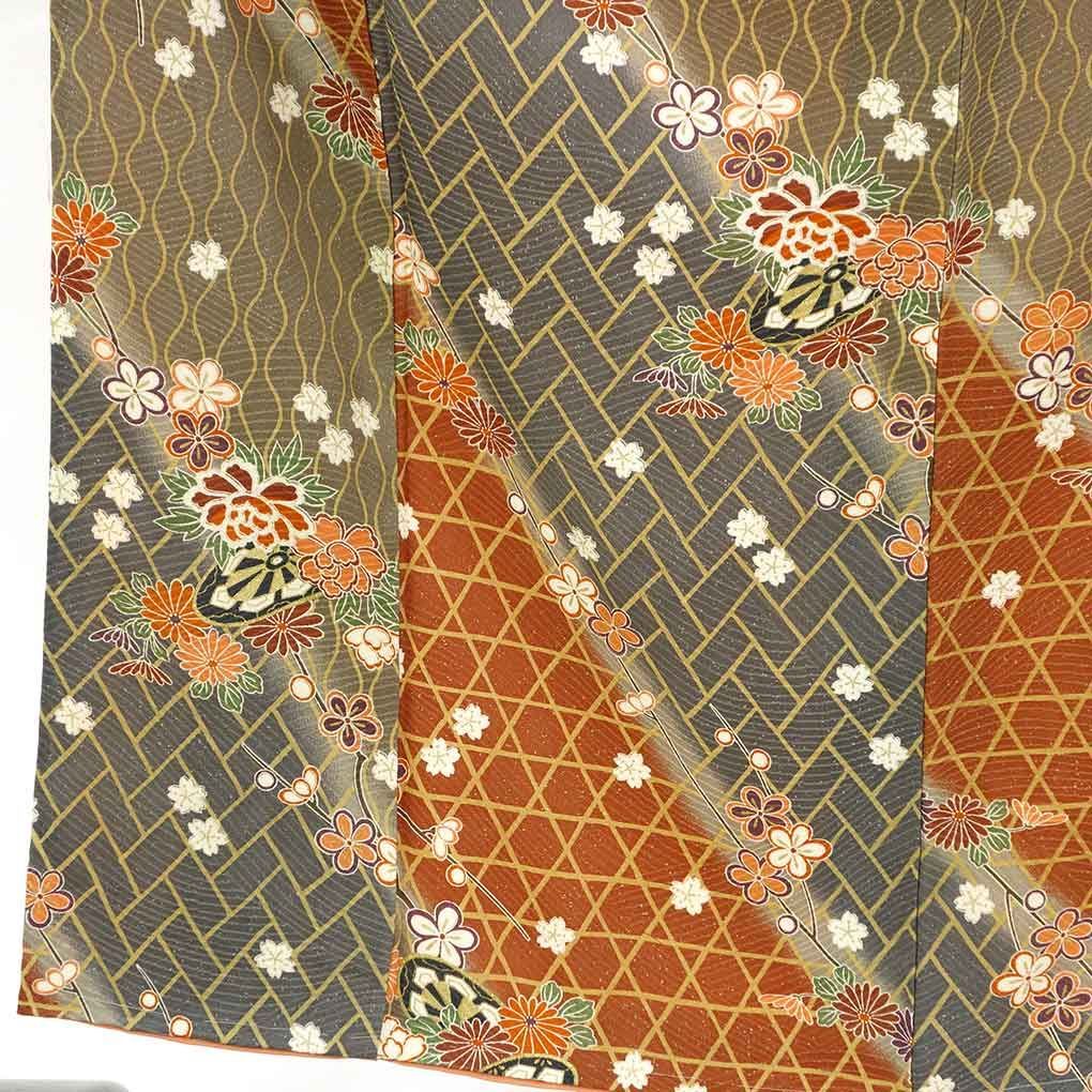 小紋 身丈155cm 裄66cm 前幅23cm 後幅30cm 袖丈49cm 袖幅34cm レディース 袷 花柄 裄長 裄M-Lサイズ 秋冬春用 正絹 シルク ブラウン リメイク リユース リサイクル 呉服のきくや