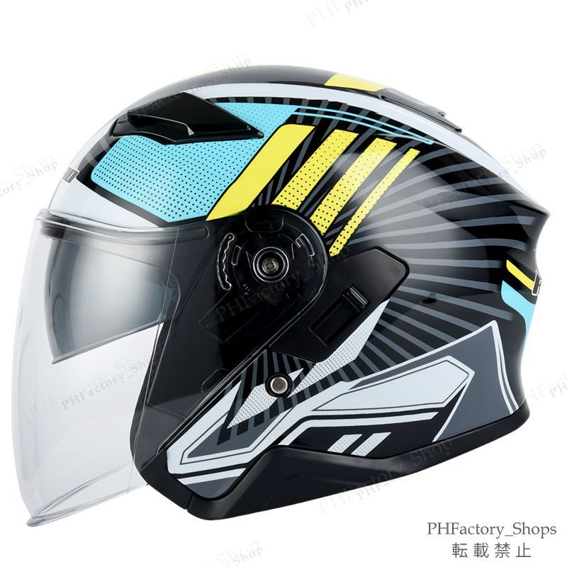 ジェットヘルメット 3 4型 ヘルメット オープンヘルメット ハーフヘルメット バイクヘルメット デュアルバイザーヘルメット DOT承認 耐久性 安全性 通気性 ユニセックス ライトブルー&ブラック A191