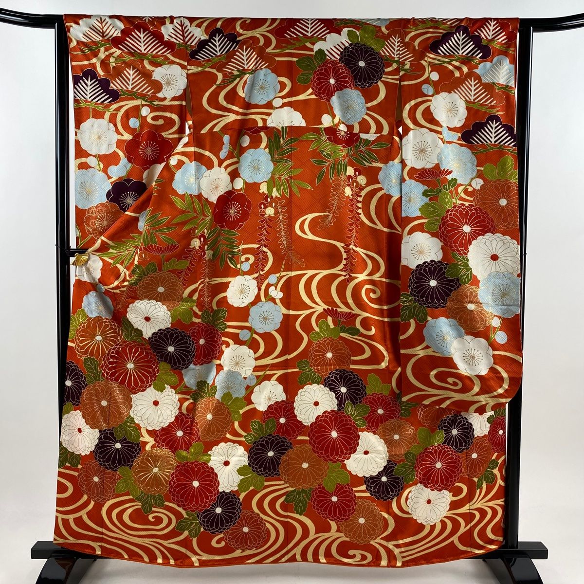 振袖 身丈161cm 裄丈63.5cm S 袷 菊 流水 金糸 金彩 朱色 正絹 秀品