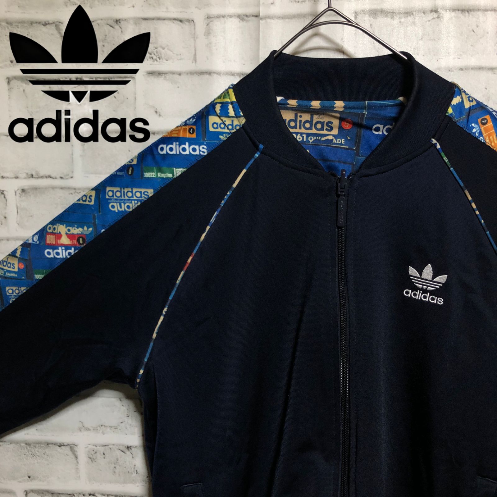 希少XL⭐️adidas リバーシブル トラックジャケット/ジャージ 刺繍トレファイル ネイビーブルー