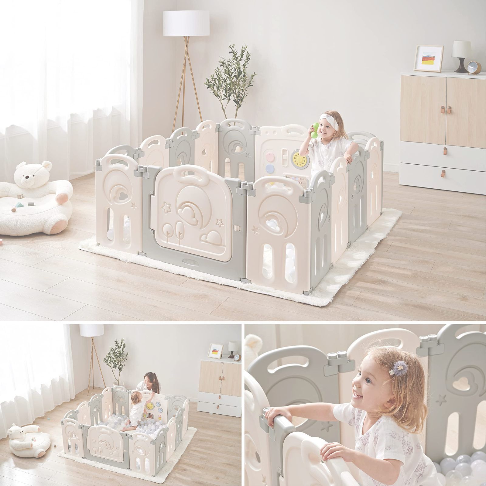 折りたたみ 高さ62 cm おもちゃパネル ドア付き ベビーサークル 組立簡単 赤ちゃん さく Castle ゲート キッズランド プレイヤード Cloud ベビーフェンス プレゼント 出産祝い Fortella グレー＆ホワイト セット