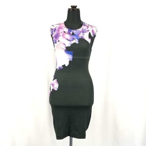 MCQ|ALEXANDER MCQUEEN 半袖タイトワンピース|ミニスカート|ドレス レディース-S|Black×Purple|花柄 Tops|dress◆BG959<sale>