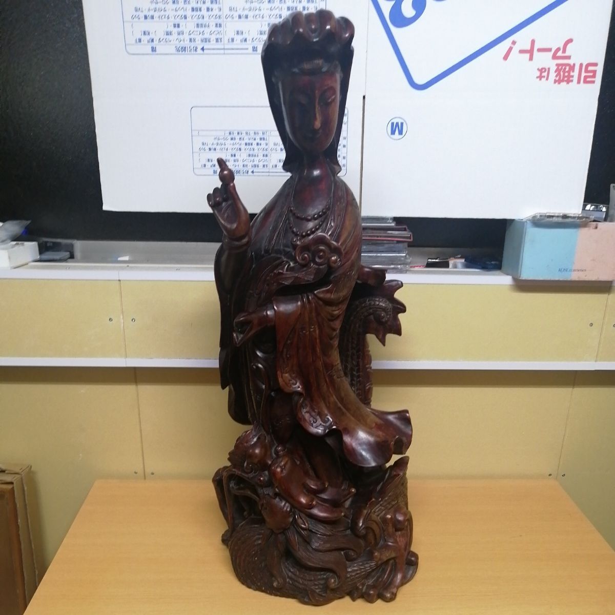 一刀彫 弁財天様 弁天様 観音菩薩像 木彫り 仏教美術 龍 高さ82cm