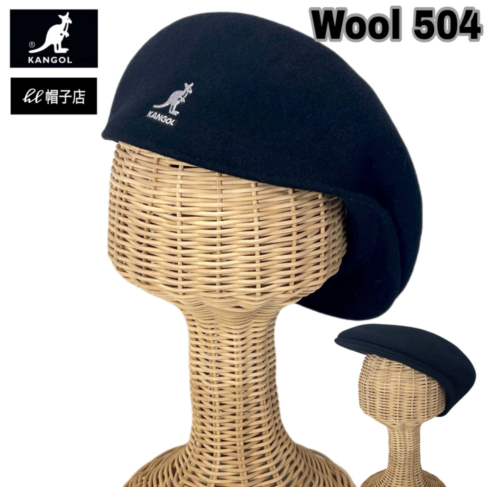 KANGOL Wool 504 ウール素材 ブラック色 白刺繍 ハンチング サイズ展開