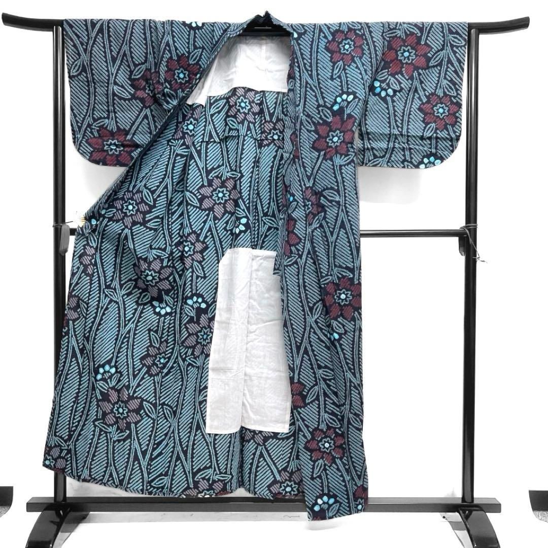 浴衣 有松鳴海絞り 藍染 花模様 蔦 ターコイズブルー 着物 035a d
