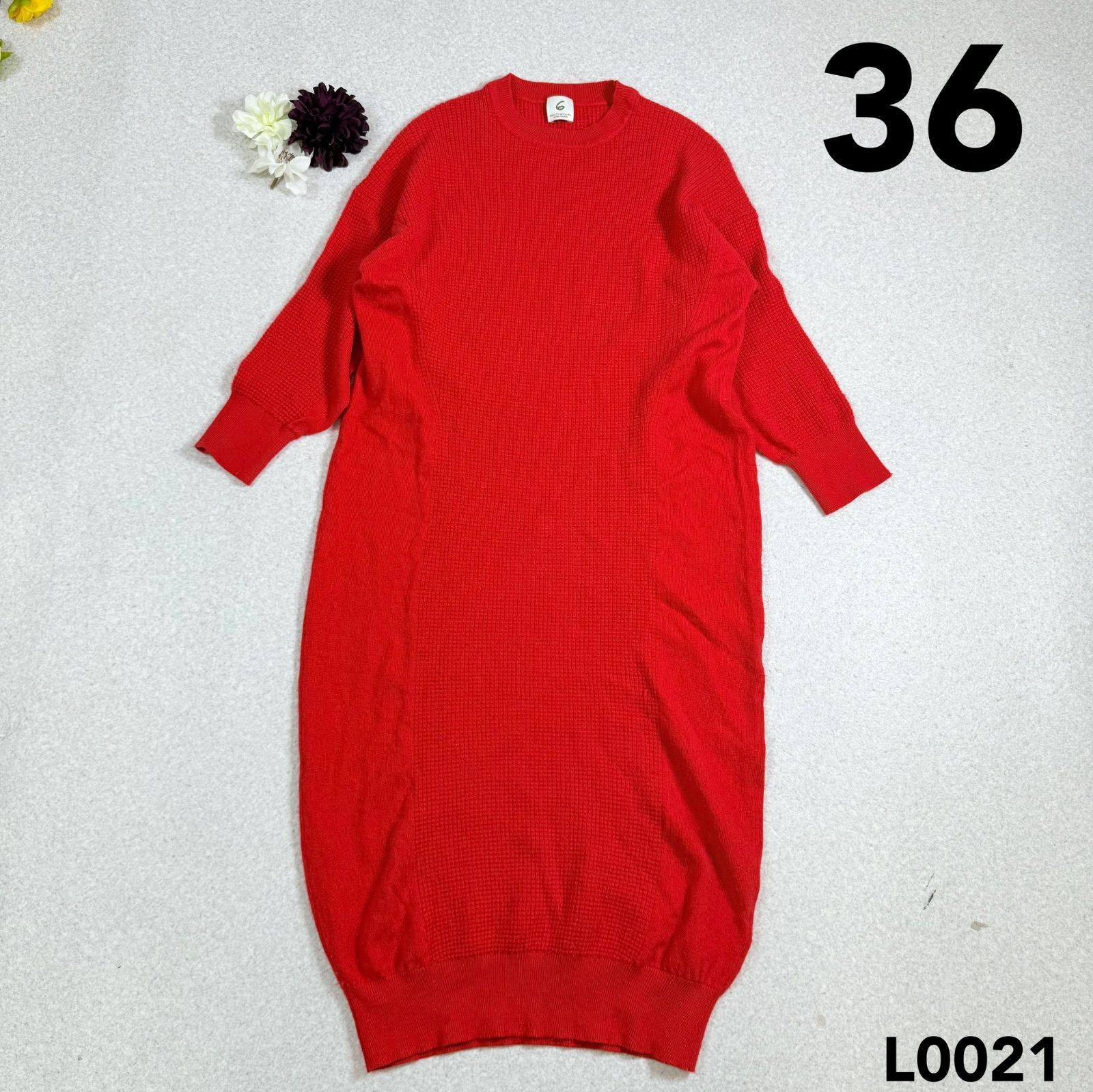 UNITED ARROWS 6 ワッフルニットワンピース マスタード 5分袖 UNITED ARROWS 6 ワッフルニットワンピース マスタード 5分袖