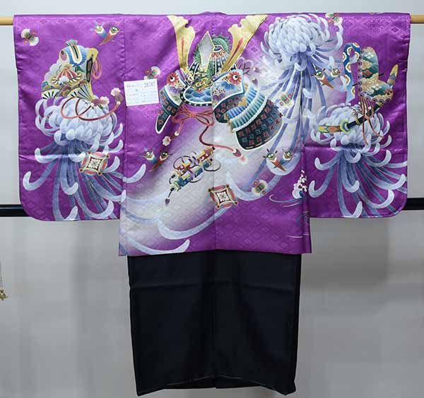 七五三 五歳 男児 羽織・着物・襦袢3点セット 金刺繍 綸子地 紫