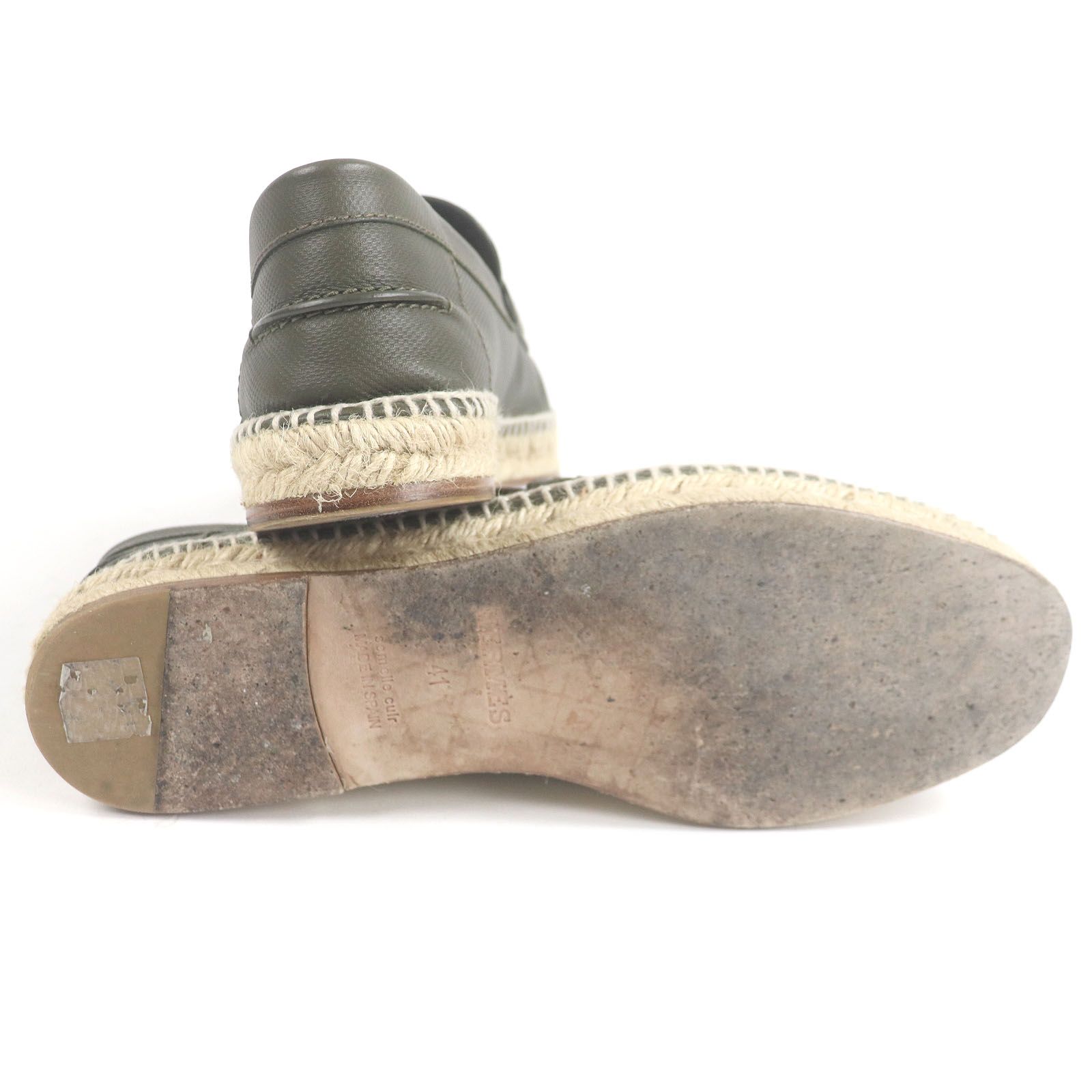 □HERMES エルメス トリップ レザー Hロゴモチーフ エスパドリーユ モカシン ローファー カーキ 41 保存袋付き スペイン製 メンズ CAMPINGPARCCENTRAL_COM