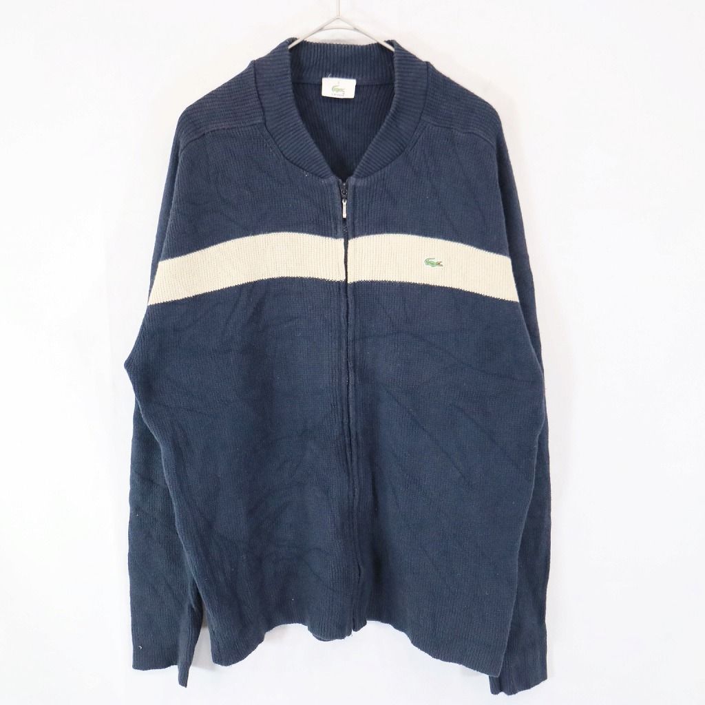 SALE/ LACOSTE ラコステ コットンニット ジップアップジャケット ワンポイント 刺繍 ワニ 防寒 ライン ネイビー (メンズ 6)  N7512