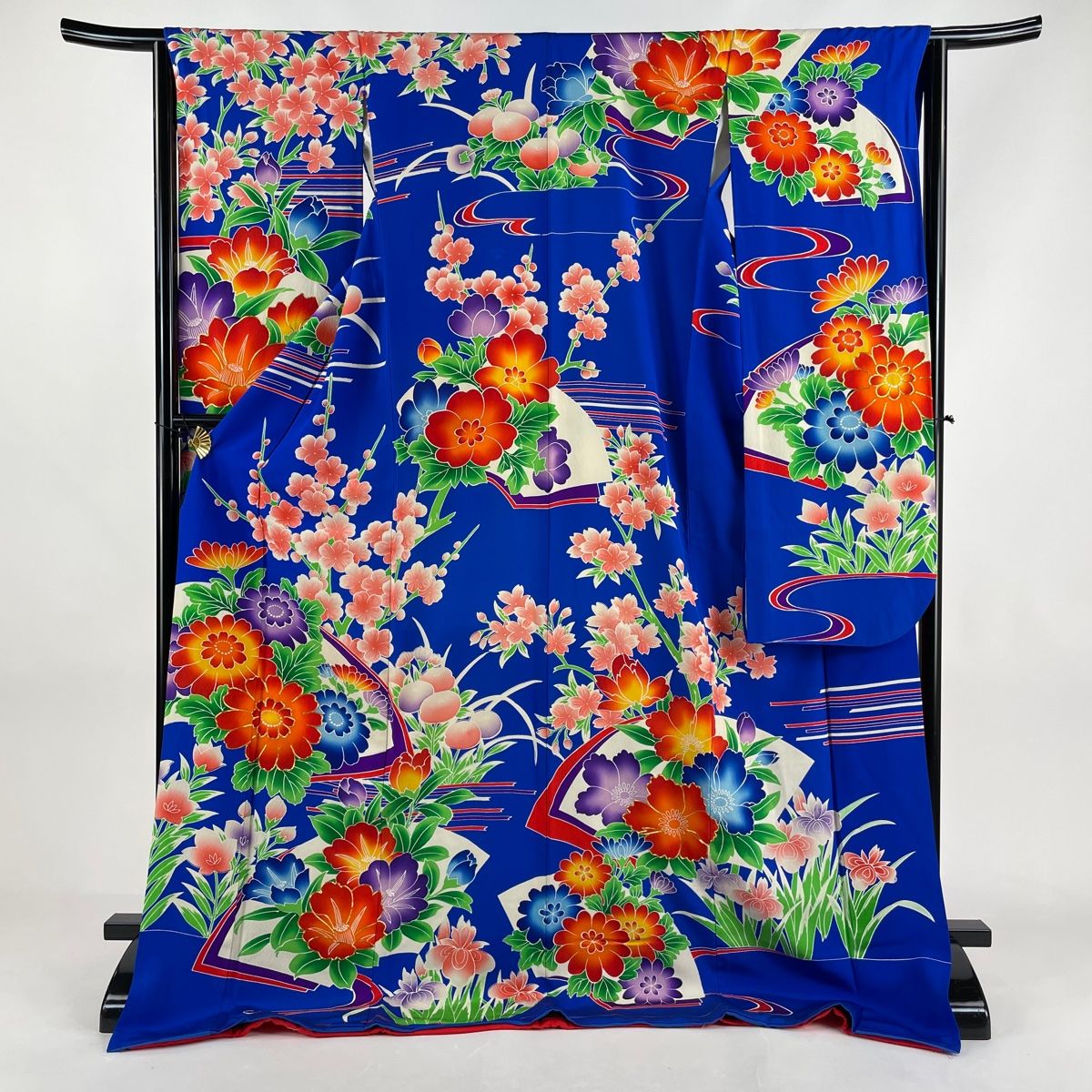 振袖 身丈179cm 裄丈64cm M 袷 扇面 草花 金糸 ぼかし 青 正絹 秀品