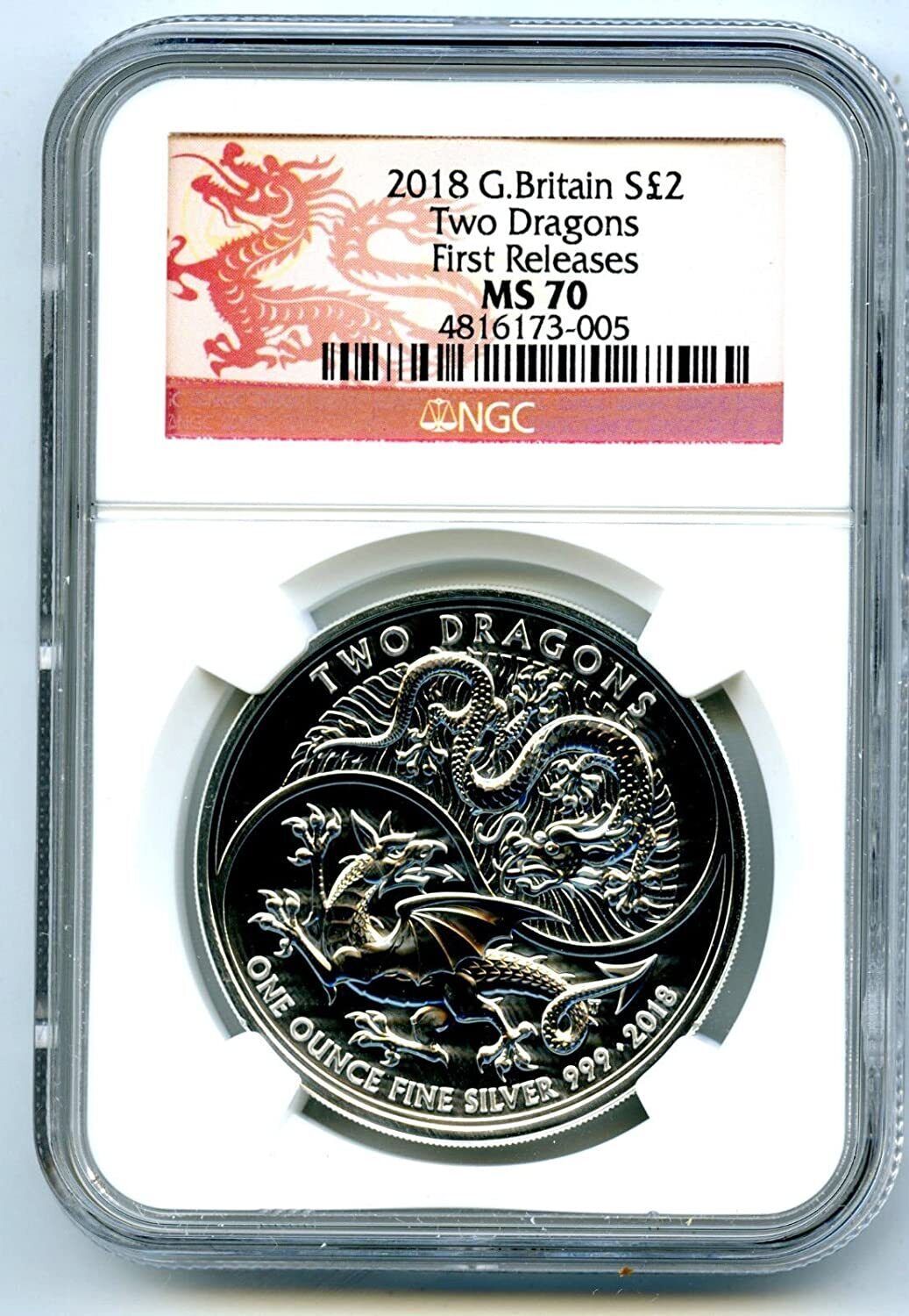 2018 2PD GREAT BRITAIN 1OZ SILVER TWO DRAGONS NGC MS70 FIRST RELEASES