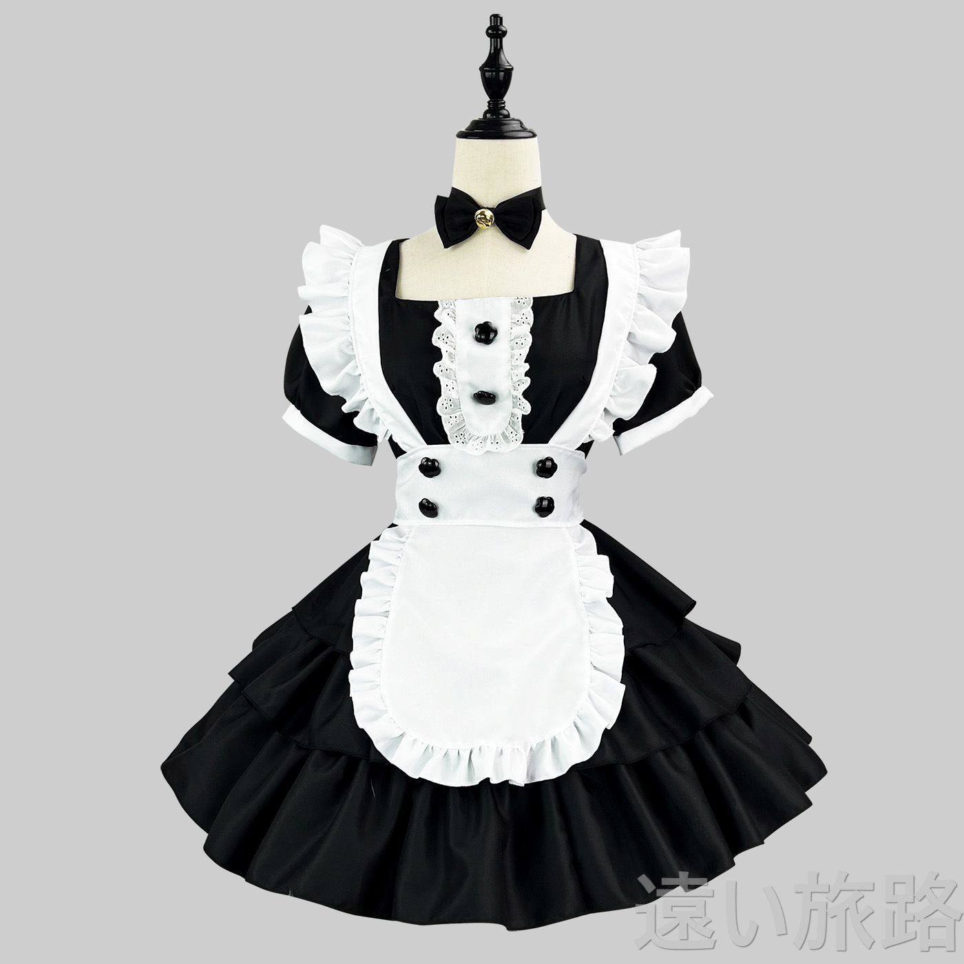 ?【新作オリジナル】? クラシックロリータメイドワンピース ?? ブラック×ホワイト ?? 王道フレンチメイド風 甘ロリ Aライン ショート丈スカート フリル＆リボン装飾付き 高級感のあるチョー