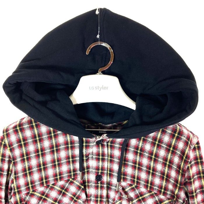 ☆DIESEL ディーゼル フード付きチェックシャツ レッド ブラック
