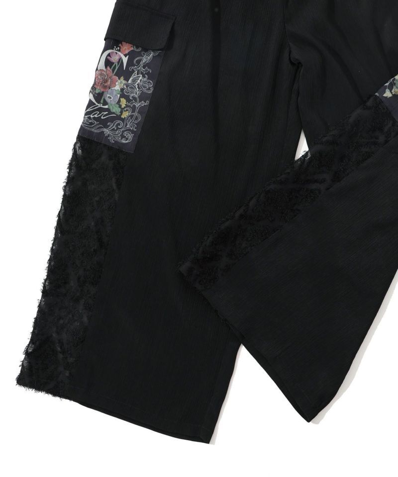 ISScoLar（イズスカラー）花蝶フリンジシフォン 異素材MIXカーゴパンツ