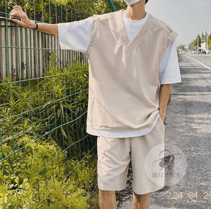 上下セット メンズ セットアップ 夏 ゆったり 重ね着風tシャツ 重ね着風 ハーフパンツ カジュアル 涼しい カジュアル ルームウェア 部屋着 NDUP222