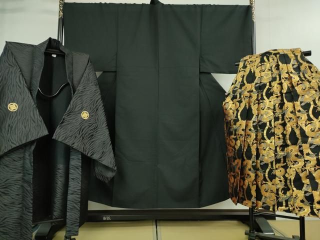 平和屋着物 上 男性 色無地 紋付き羽織 行灯袴セット キングサイズ 長羽織 舞台衣装 成人式 黒地 洗える着物 DZAA9355kh5