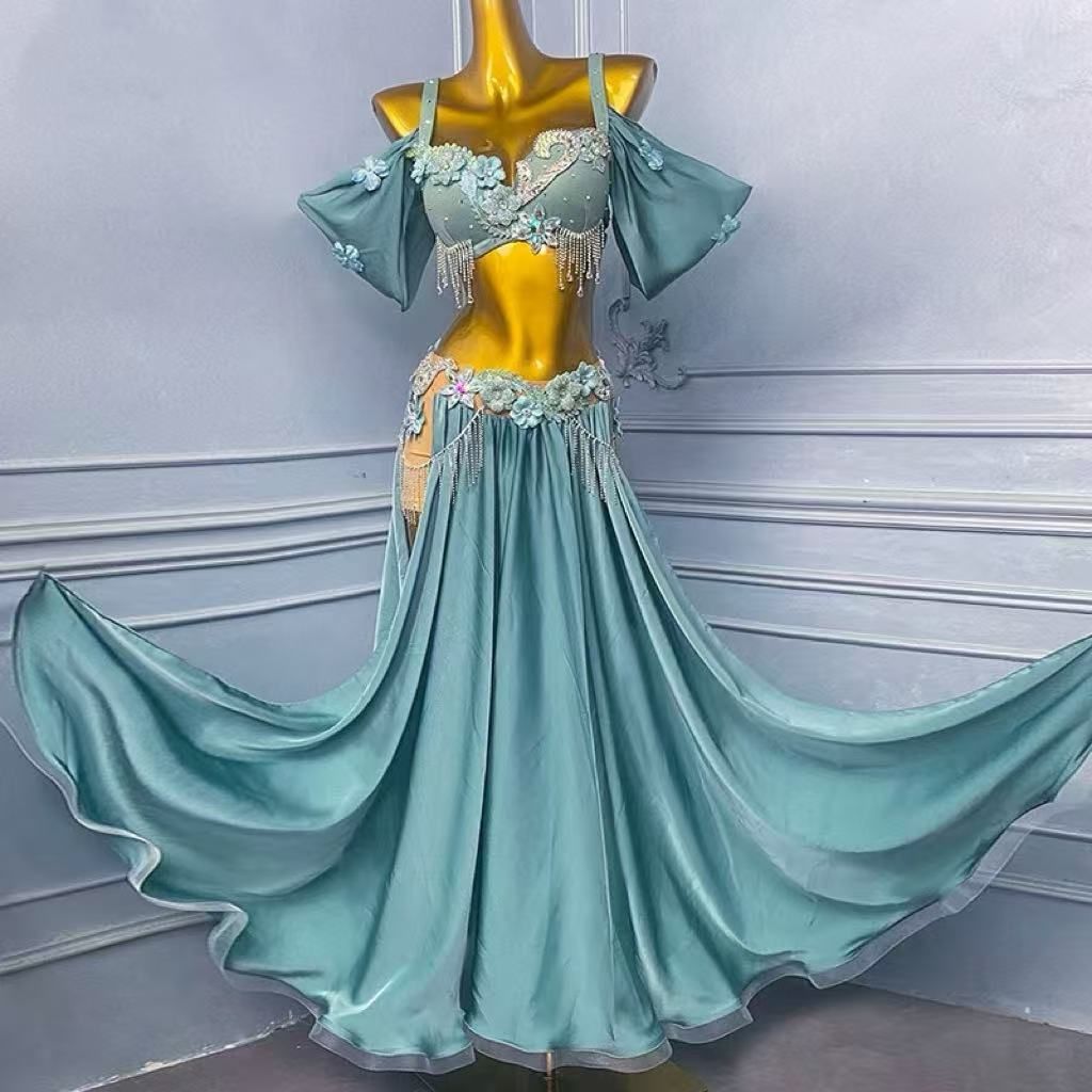 ベリーダンス 衣装 パフォーマンス ステージ コスプレ セクシー T 魅惑 大きいサイズ オープニングダンス ブラ＆マーメイドスカートスパンコールデザイン セットアップオリエンタル バレエベリーダンスセット グリーン
