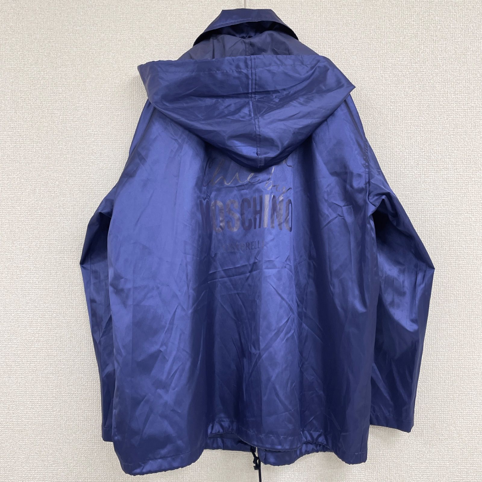 MOSCHINO モスキーノ ナイロンジャケット ピースジップ パーカー バックロゴプリント フード ポリエステル ブルー レディース 9号
