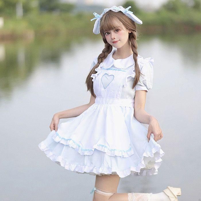 メイド服 レディースコスプレ衣装 Lolita ワンピース 萌え萌え ロリータドレス ウェイトレス メイド クリスマス フルセット カチューシャ ロリータ風ワンピ 可愛