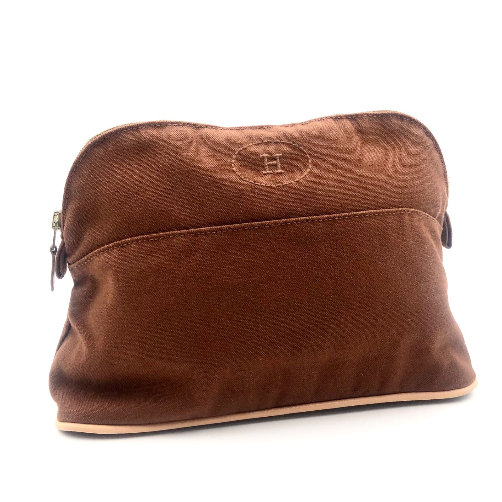 □極美品□HERMES エルメス ボリードポーチMM キャンバス ブラウン 布 
