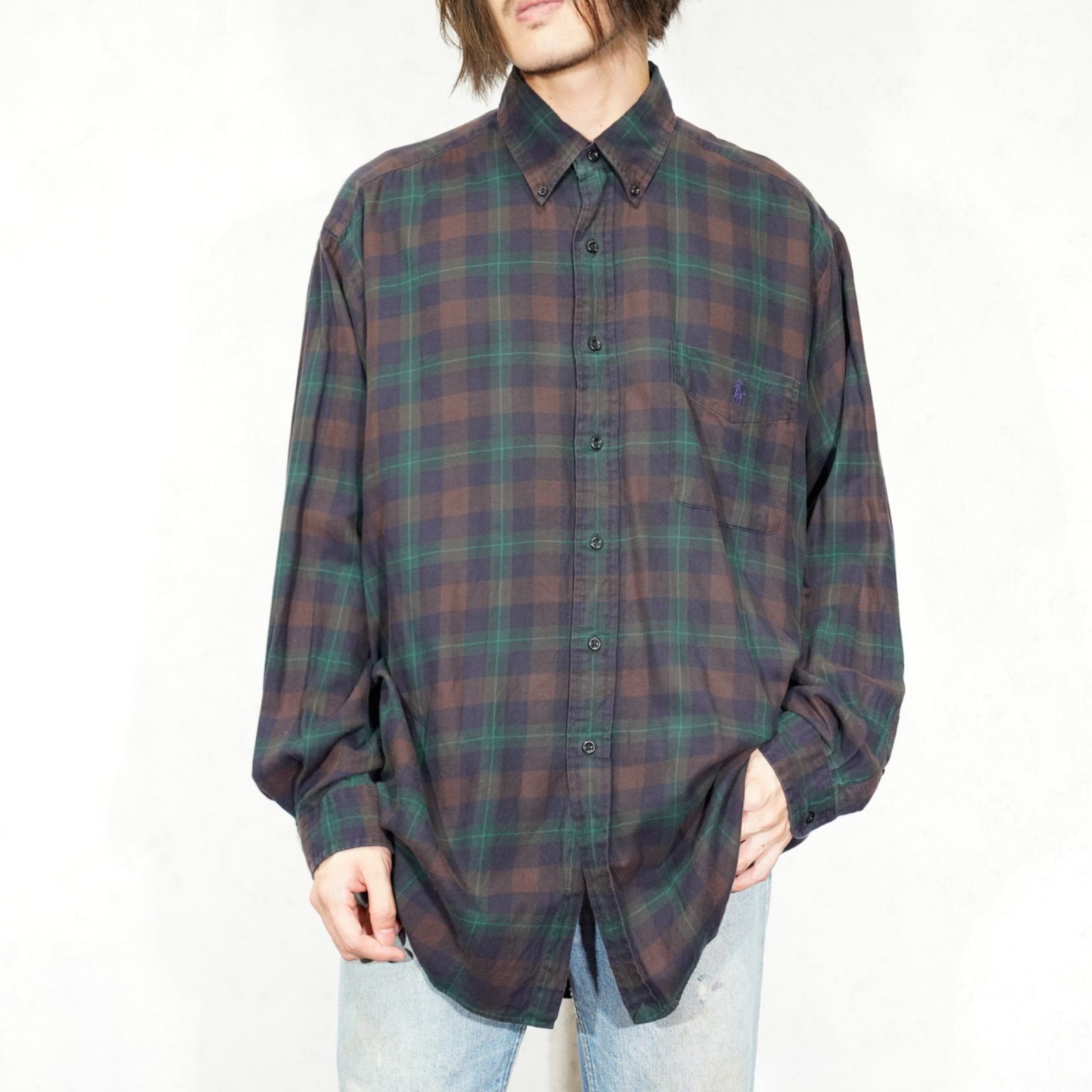 USA VINTAGE Polo by Ralph Lauren CHECK PATTERNED DESIGN BD FLANNEL SHIRT/アメリカ古着ポロバイラルフローレンチェック柄デザインボタンダウンフランネルシャツ