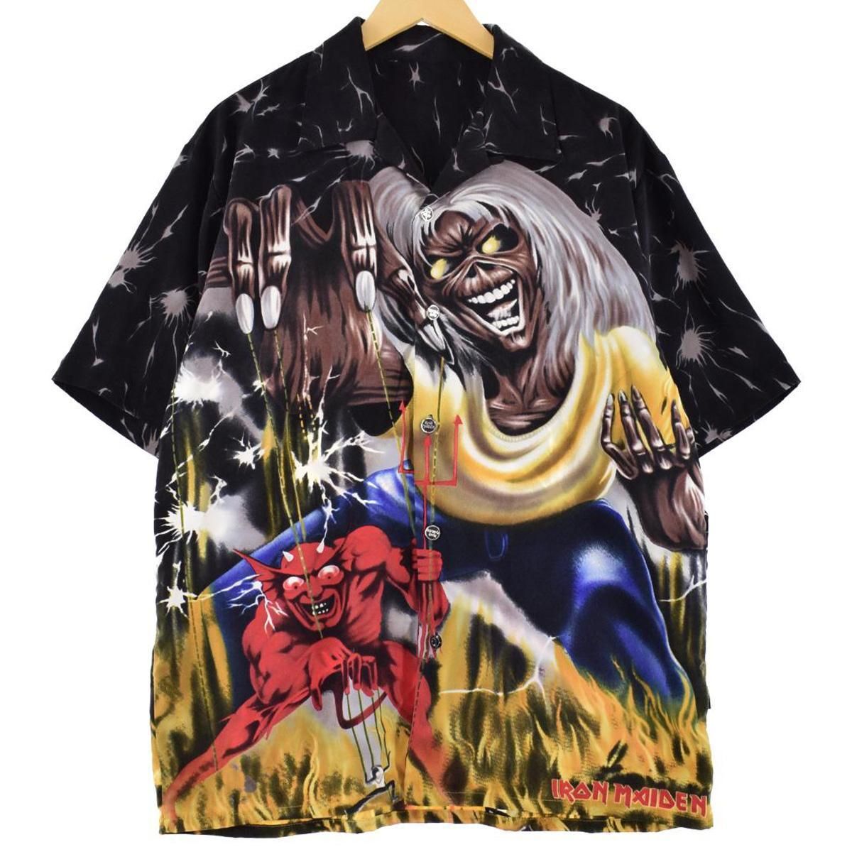 古着 IRON MAIDEN アイアンメイデン 総柄 半袖 チカーノシャツ ボックスシャツ メンズXL /eaa264839 【中古】/eaa264839