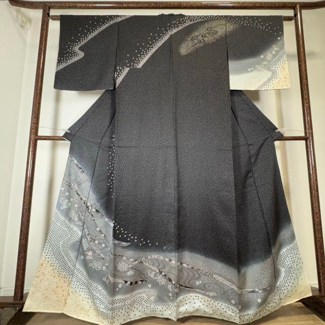 超 正絹 袷 現代 訪問着 着物 黒 絞り トールサイズ 164