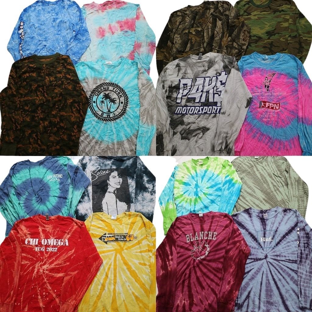 古着卸 まとめ売り タイダイ柄 迷彩柄 総柄 長袖Tシャツ 16枚セット (メンズ M /L ) HUF アースカラー セレーナ リアルツリーカモ MU7577
