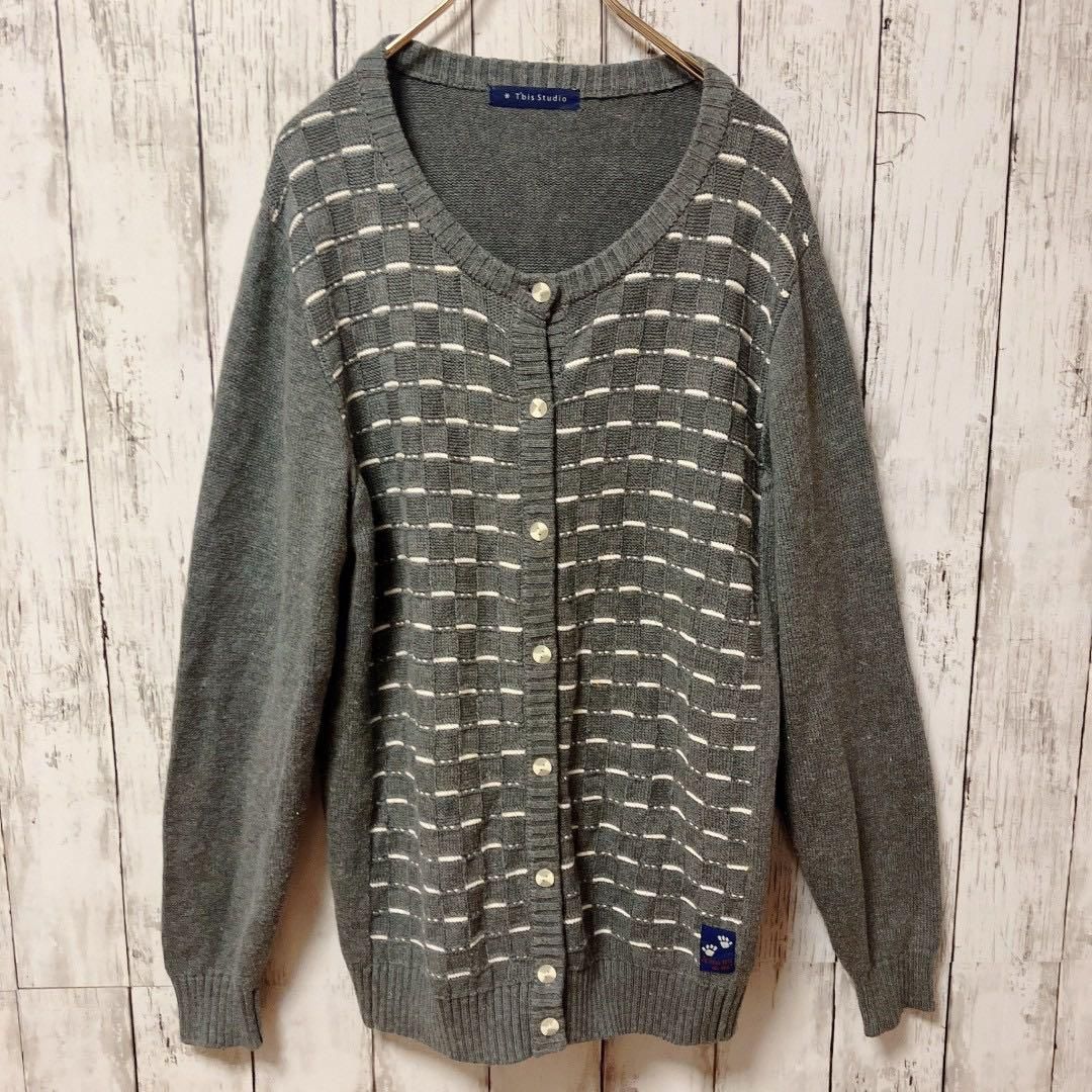 希少90sEuro古着 アクリルカーディガン グレー系 XL ニットセーター 80's USA製 VINTAGE SCHOOL APPAREL アクリル カーディガン