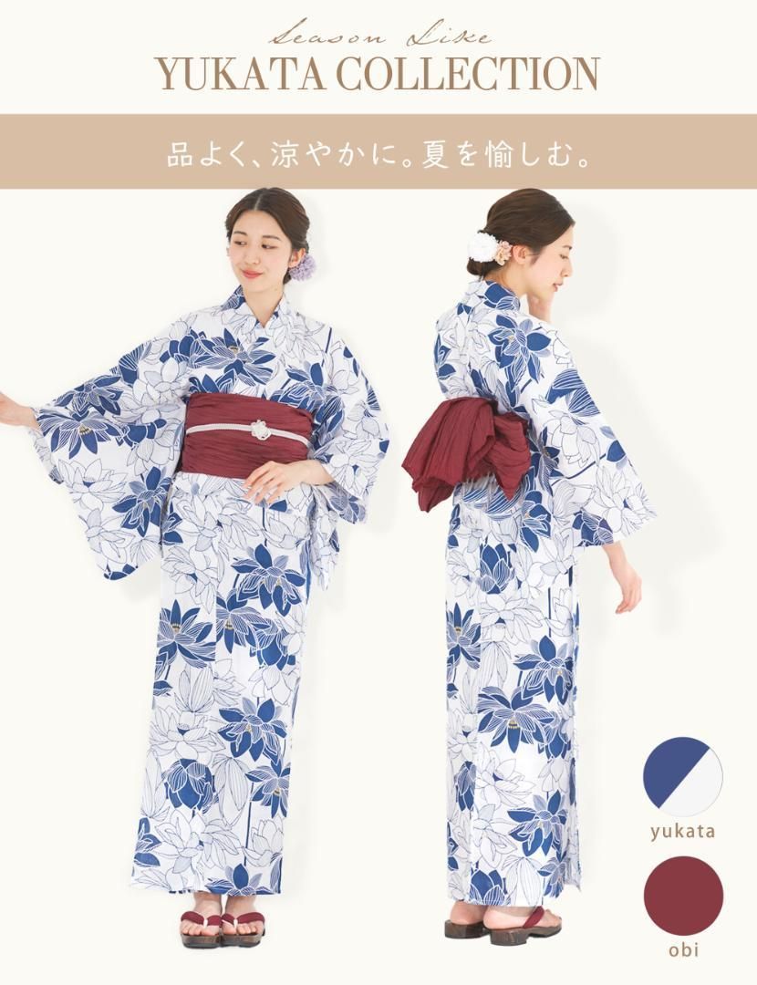 綿麻 浴衣 帯付き 2点セット 白 青 フリーサイズ レディース No.6 WWW_WOWDIGSITE_COM