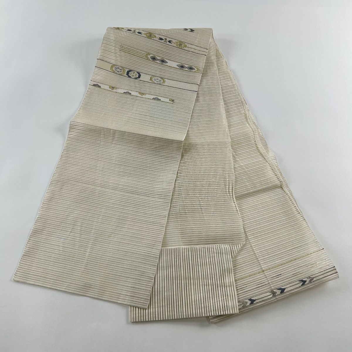 名古屋帯 秀品 夏帯 絽 八寸名古屋帯 松葉仕立て 縞 幾何学 金
