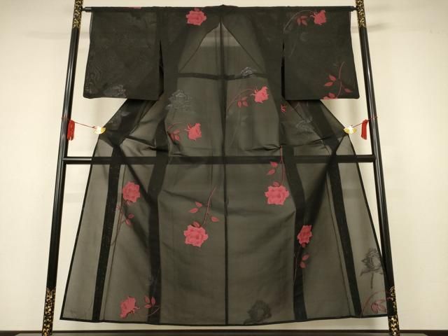 平和屋着物＊夏物 小紋 紗 薔薇 正絹 逸品 AAAZ0438jd