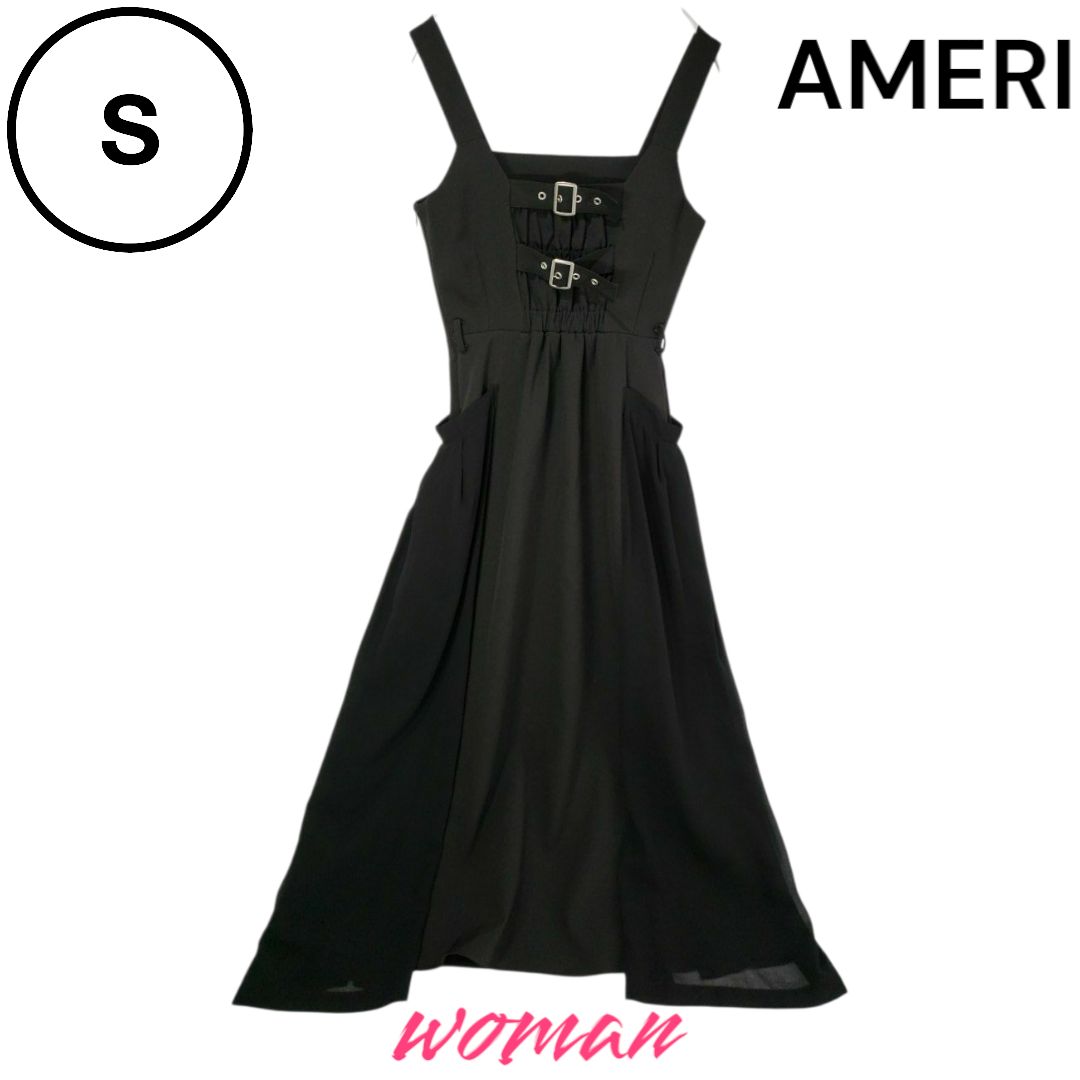 AMERI　アメリ　デザイン　重ね　ロング　シャツワンピース　ブラック　S 中古【AMERI】アメリ ロングワンピース S ブラック ベルト