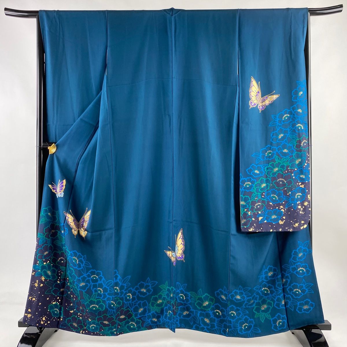 振袖 身丈160.5cm 裄丈66cm M 袷 蝶 草花 金彩 青緑 正絹 秀品