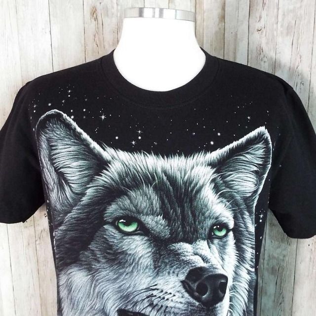 【Hanes】80s 狼 Wolf 袖プリント ラグラン ブルー 短丈 Short Sleeve Rayon Print Shirt 「WOLF・Light Yellow」/半袖