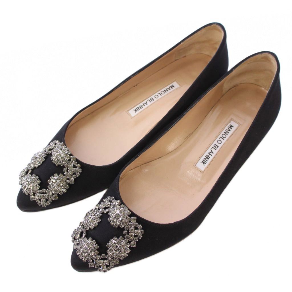 マノロブラニク MANOLO BLAHNIK HANGISIFLAT FMC SATIN ハンギシフラットサテン パンプス ポインテッドトゥ ローヒール ビジュー 装飾 36 黒 ブラック 9XX-0348-0053 |BB