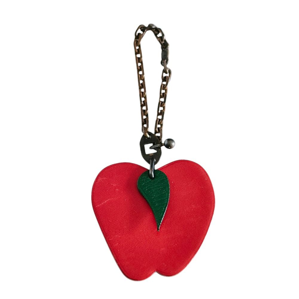 良品 HERMES エルメス レザー りんご アップルモチーフ チェーン バッグチャーム キーホルダー レッド レディース 古着 中古 USED