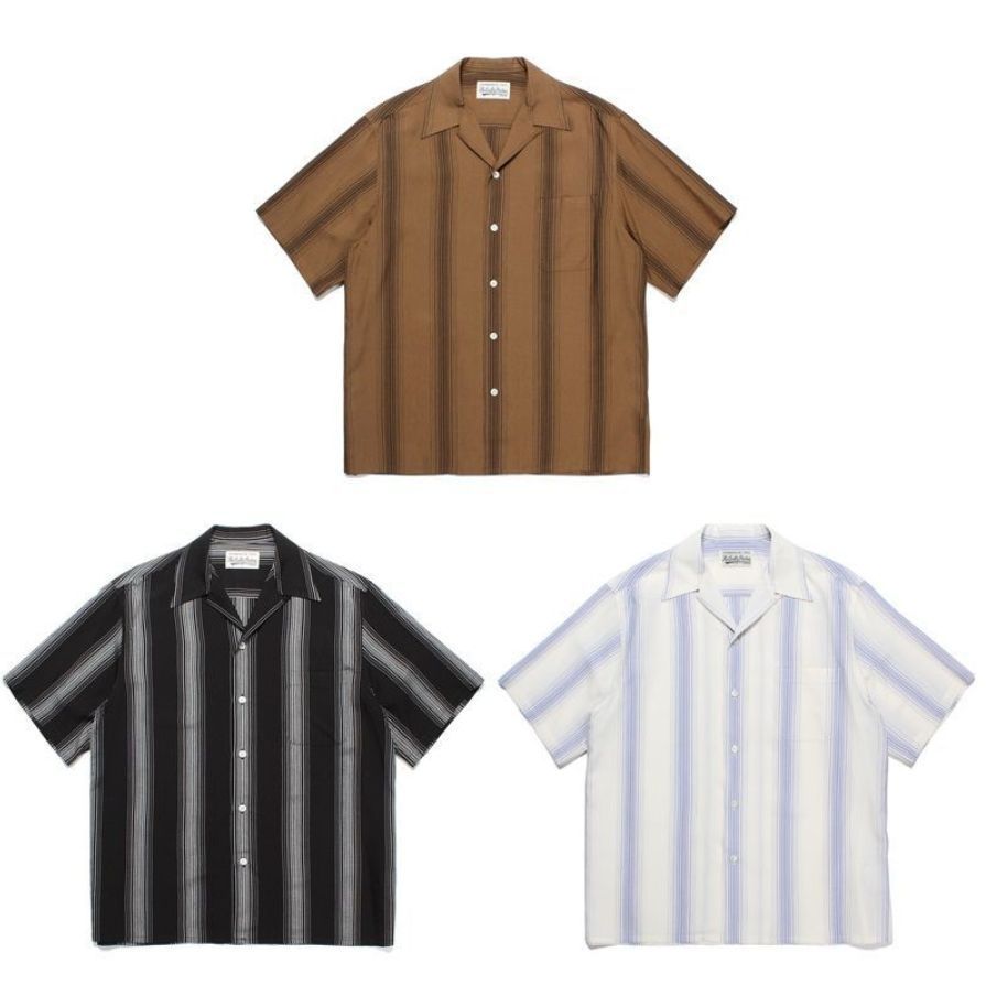 極美品 WACKO MARIA 22ss STRIPED OPEN COLLAR SHIRT ハワイアンシャツ 半袖シャツ 3色：Black/White/Brown a3140