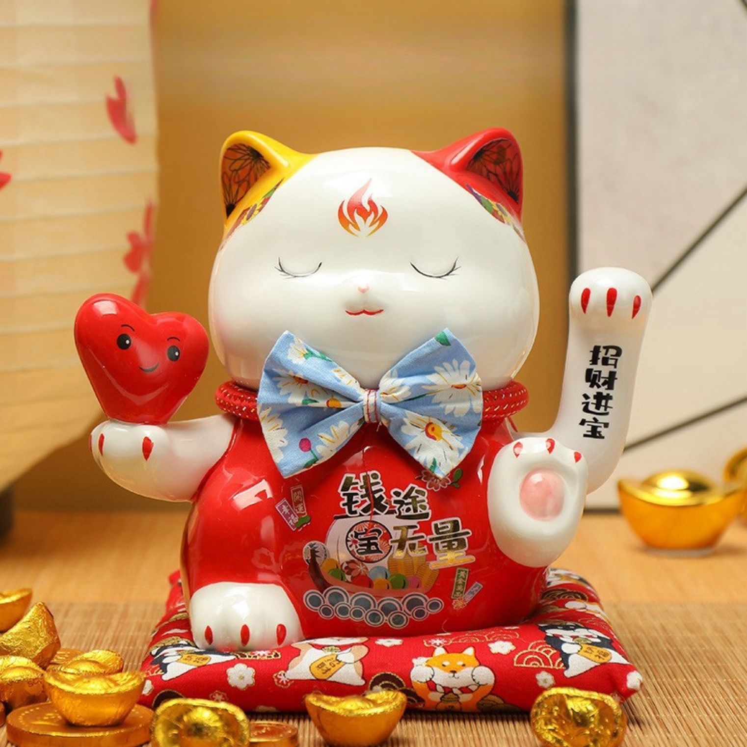 ラッキーキャット貯金箱 招き猫　置物　貯金箱 : 招き猫 ラッキーキャット 貯金箱 陶器 猫 置物 金運 猫