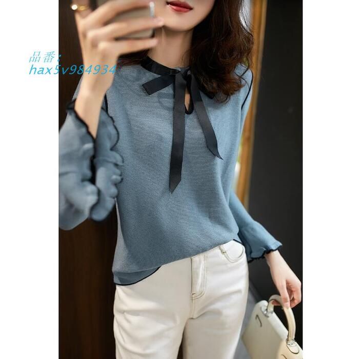 トップス ニット セーター リボン レディース エレきれいめ フ スリーブ カジュアル 上品 カットソー 大人 ナチュラル フェミ おしゃれ 長袖 hax 5 v 984934