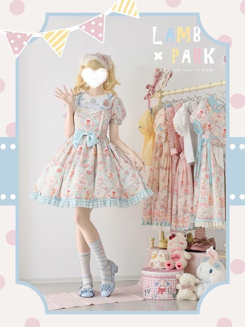 【ロリータ】りんご柄ギンガムJSK 水色×赤リボン 甘ロリ撮影・お出かけにも◎ ロリータ】りんご柄ギンガムJSK 水色×赤リボン 甘ロリ撮影
