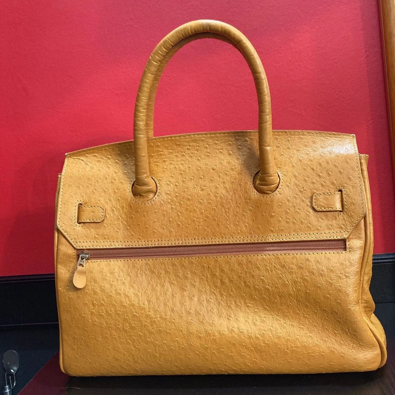 【美品】ヘンリーハイクラス☆オーストリッチ　金金具　キャメル　ハンドバッグ ヘンリーハイクラス レザー ハンドバッグ キャメル ブラウン